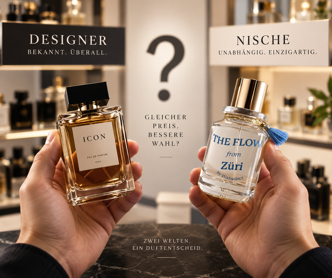 Vergleich zwischen Designer-Parfum und Nischenparfum mit zwei Flakons in den Händen vor einem Parfumregal.