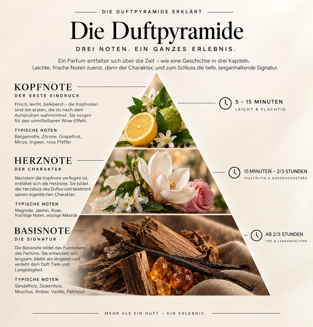 Duftpyramide mit Kopfnote, Herznote und Basisnote sowie typischen Duftnoten und ihrer Entwicklung über die Zeit.