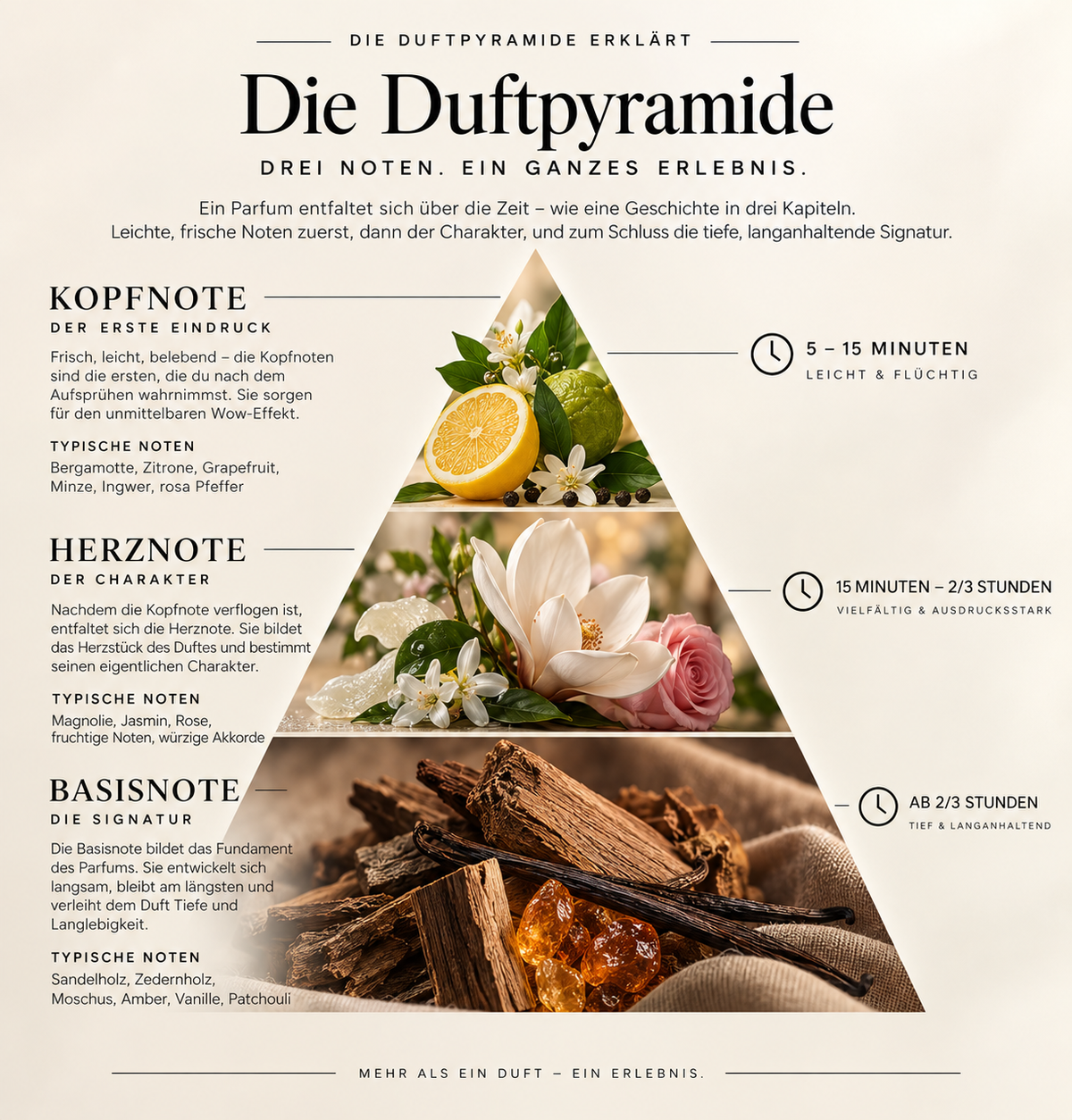 Duftpyramide mit Kopfnote, Herznote und Basisnote sowie typischen Duftnoten und ihrer Entwicklung über die Zeit.
