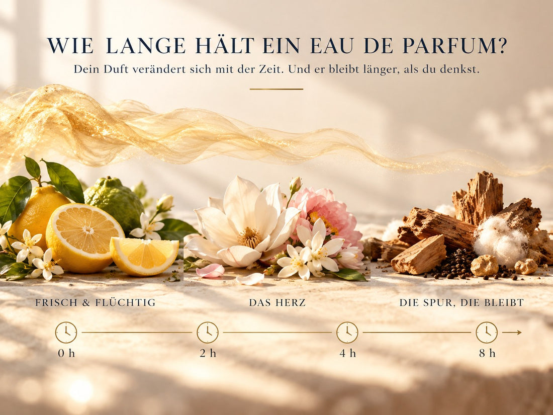 Wie lange hält ein Eau de Parfum? Zeitachse von frischen Zitrusnoten über florale Herznoten bis zu warmen Holznoten nach 8 Stunden