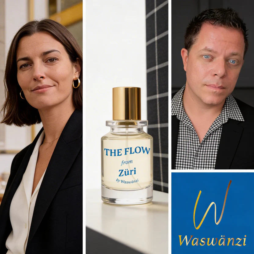 Collage mit Frau, Parfumflakon "The Flow from Züri" und Waswänzi-Gründer Adi