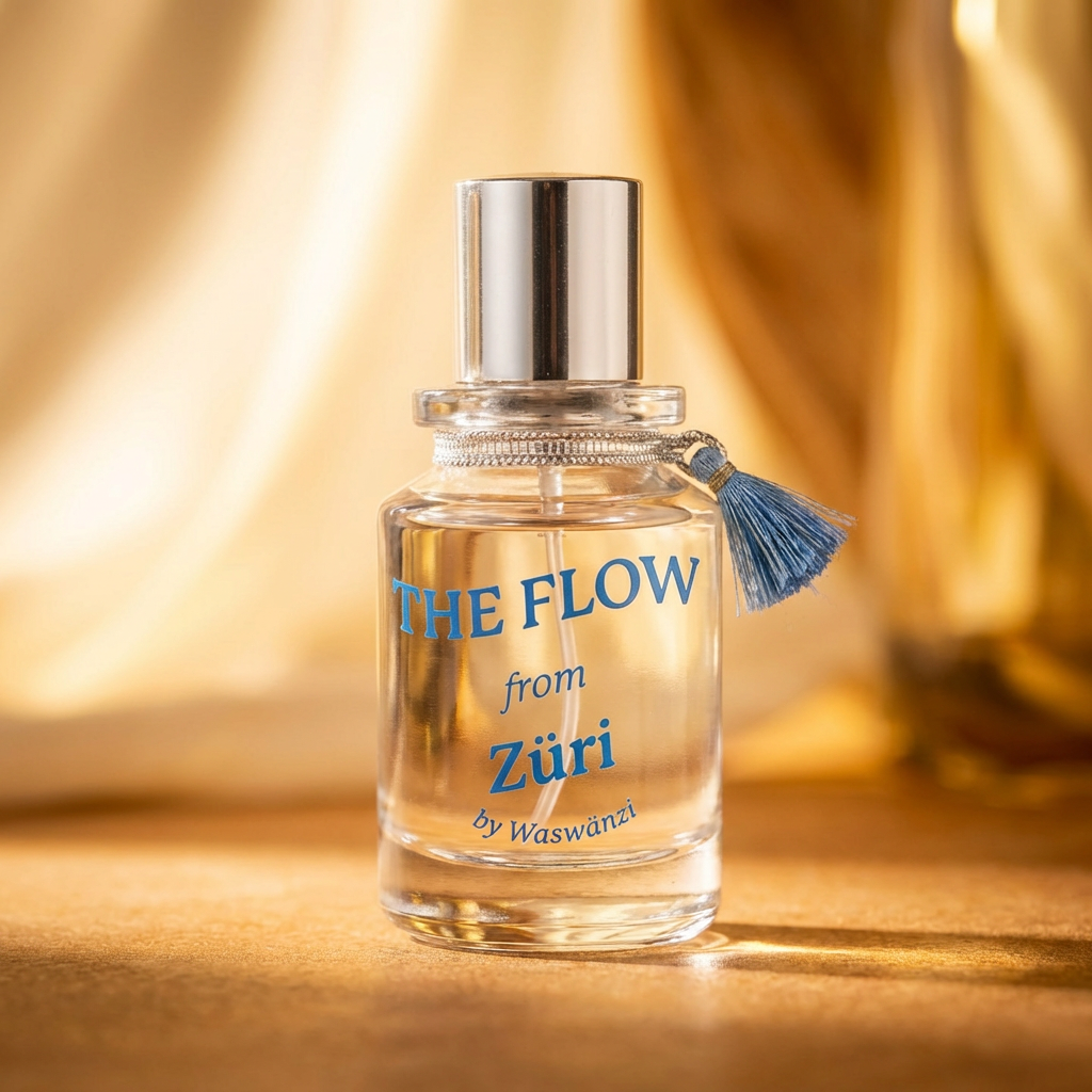 Parfumflakon "The Flow from Züri" Eau de Parfum pour Homme von Waswänzi vor goldenem Hintergrund