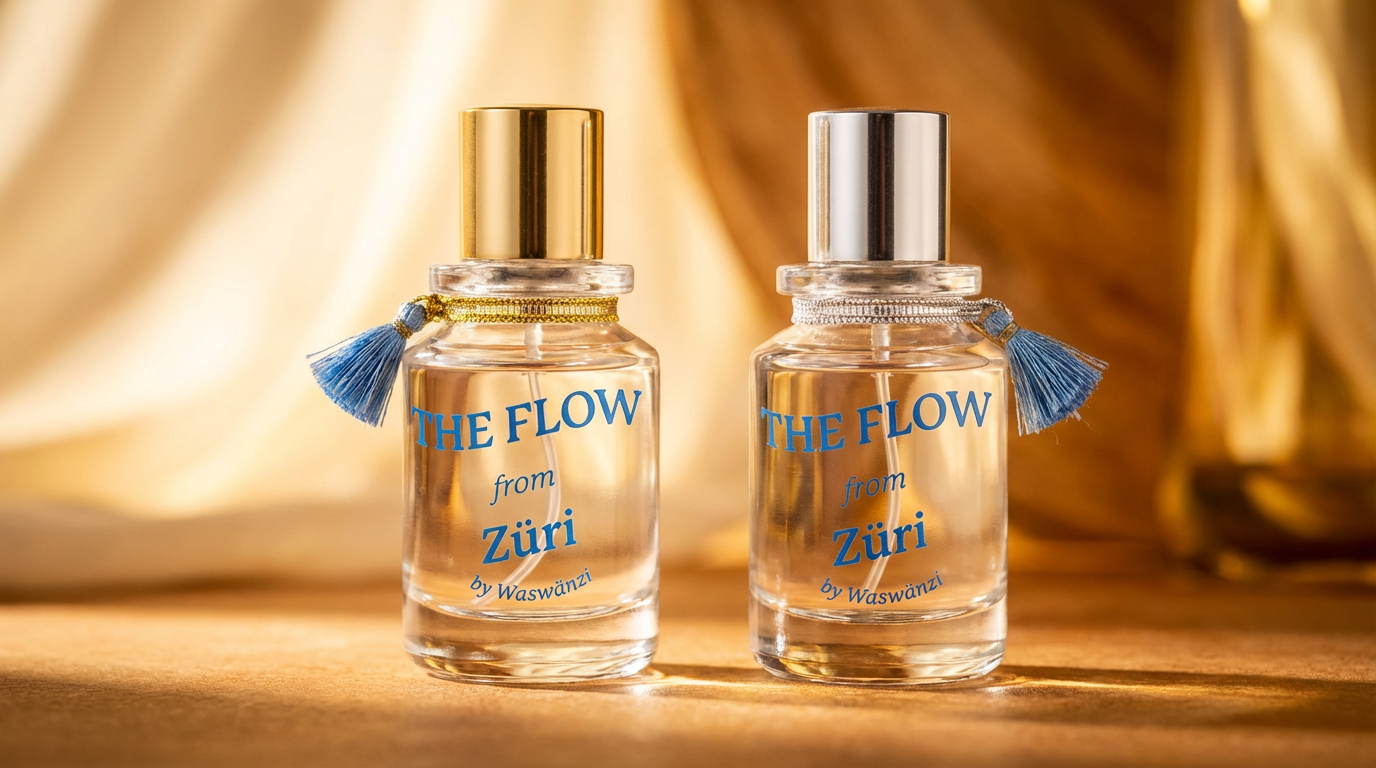 Zwei Parfumflakons "The Flow from Züri" by Waswänzi, pour Femme und pour Homme