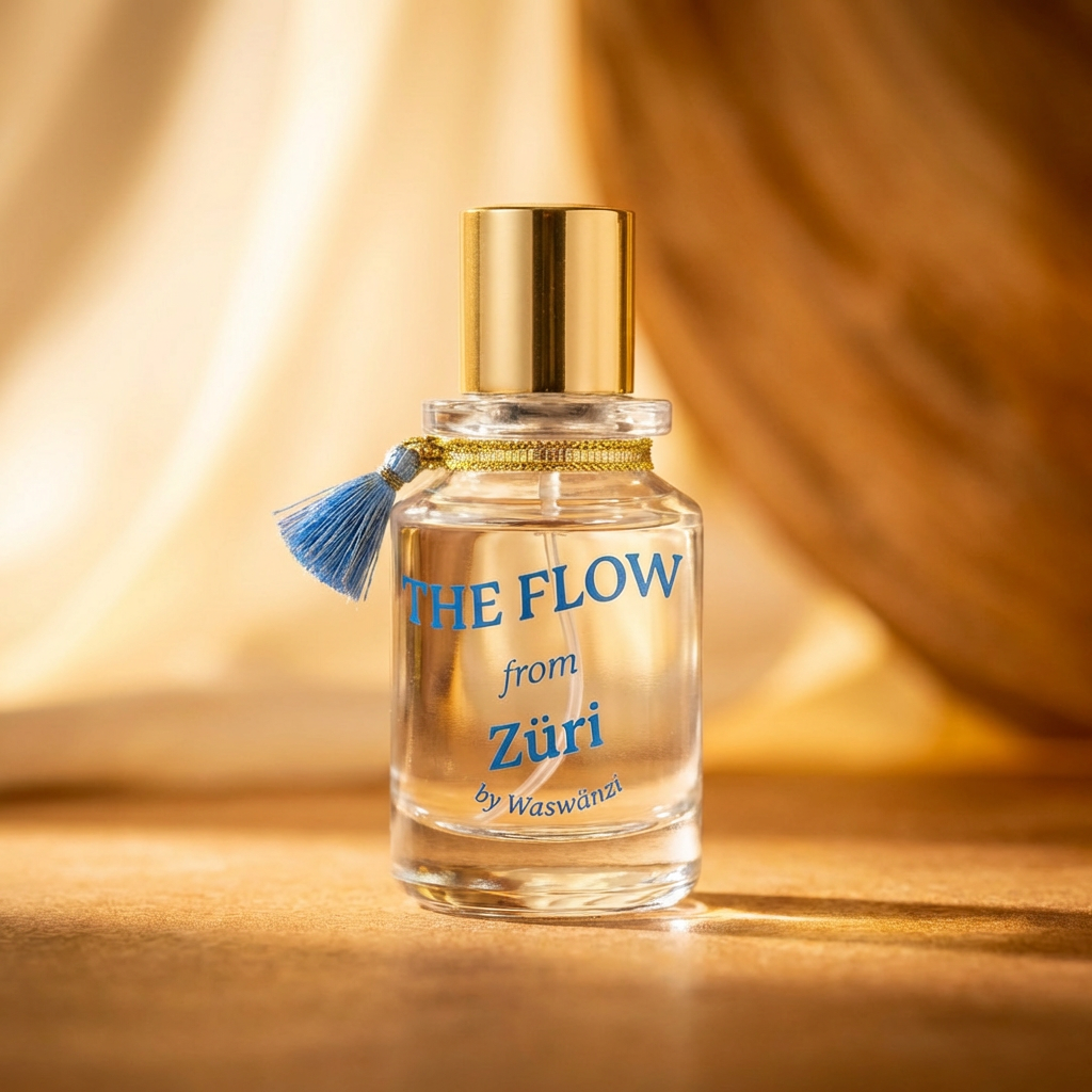 Parfumflakon "The Flow from Züri" Eau de Parfum pour Femme von Waswänzi vor goldenem Hintergrund