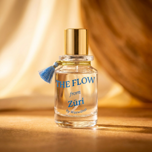 Parfumflakon "The Flow from Züri" Eau de Parfum pour Femme von Waswänzi vor goldenem Hintergrund