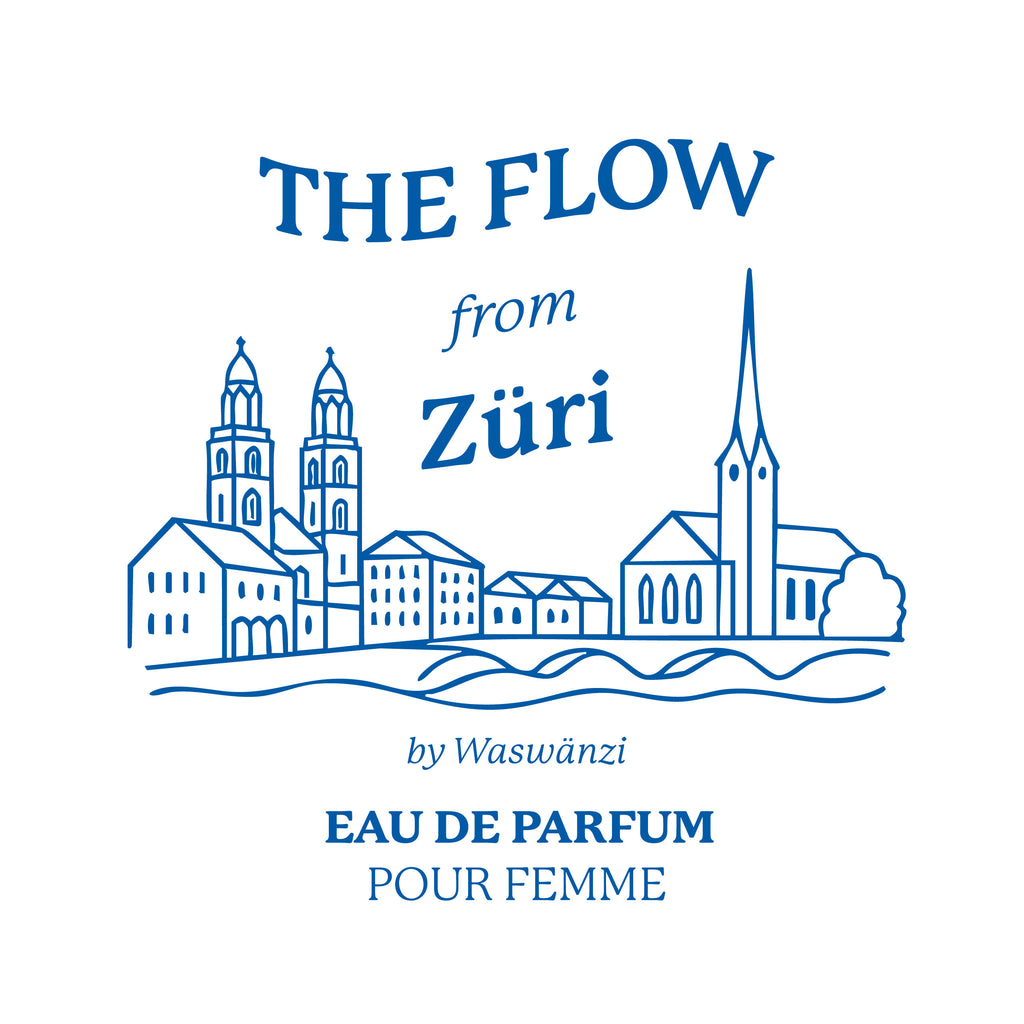 Logo-Illustration "The Flow from Züri" Eau de Parfum pour Femme von Waswänzi mit Zürcher Altstadt-Skyline