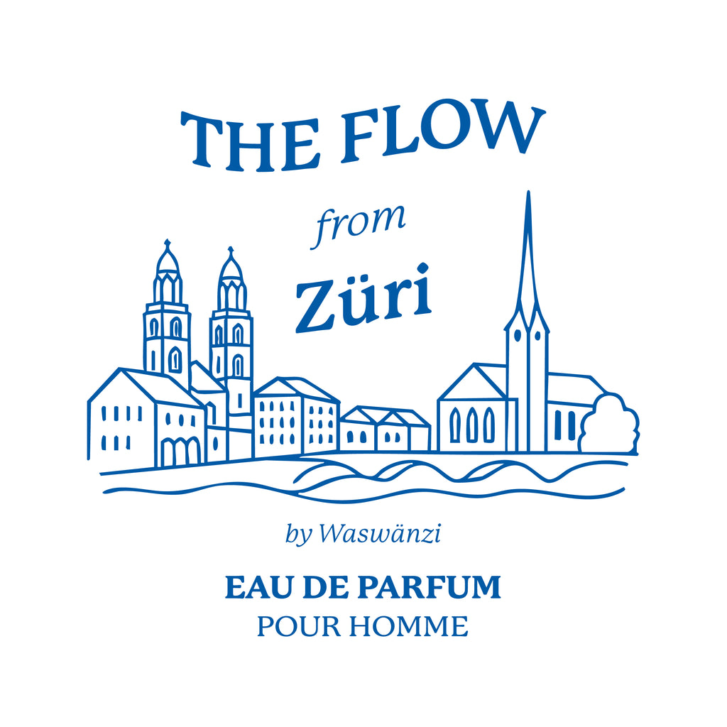 Logo-Illustration "The Flow from Züri" Eau de Parfum pour Homme von Waswänzi mit Zürcher Altstadt-Skyline